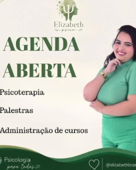 Post Agenda aberta, com Victoria sorrindo de blusa verde ao lado da lista psicoterapia, palestras e administração de cursos