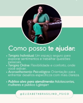 Post Como posso te ajudar, com foto redonda de Victoria numa poltrona e a lista de atendimentos em fundo verde
