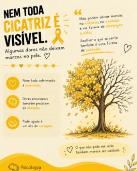 Post Nem toda cicatriz é visível, com ilustração de um ipê amarelo, o laço do Setembro Amarelo e frases sobre dores que não aparecem