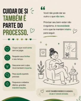 Post Cuidar de si também é parte do processo, com ilustração de uma mulher lendo numa poltrona e dicas de autocuidado